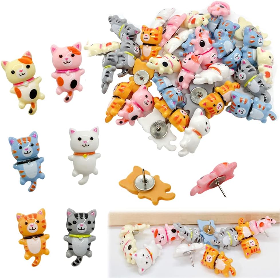 30pcs Cute Cat Pushpins Decorative Thumbtacks Animal Thumbtacks for Photo Wall Map Memo Bulletin Board or Cork Board Multi-Purpose Thumbtack Tools Office Accessories