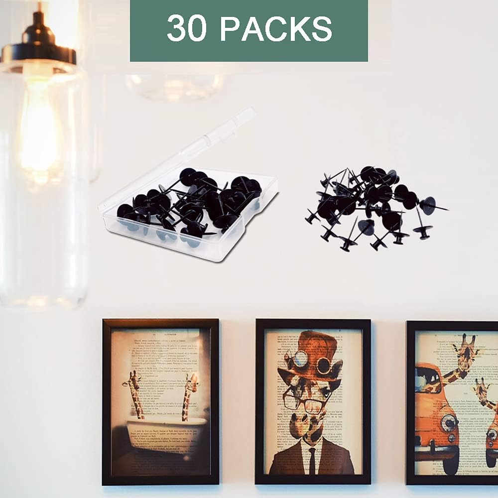 30pcs/s Thumbtack Picture Hooks, Double Headed Thumbtacks for Wall Hanging, Tenant Friendly Decorative Small Picture Frame Hooks for Drywall Cork Board Home Office Photo Decor (Black)