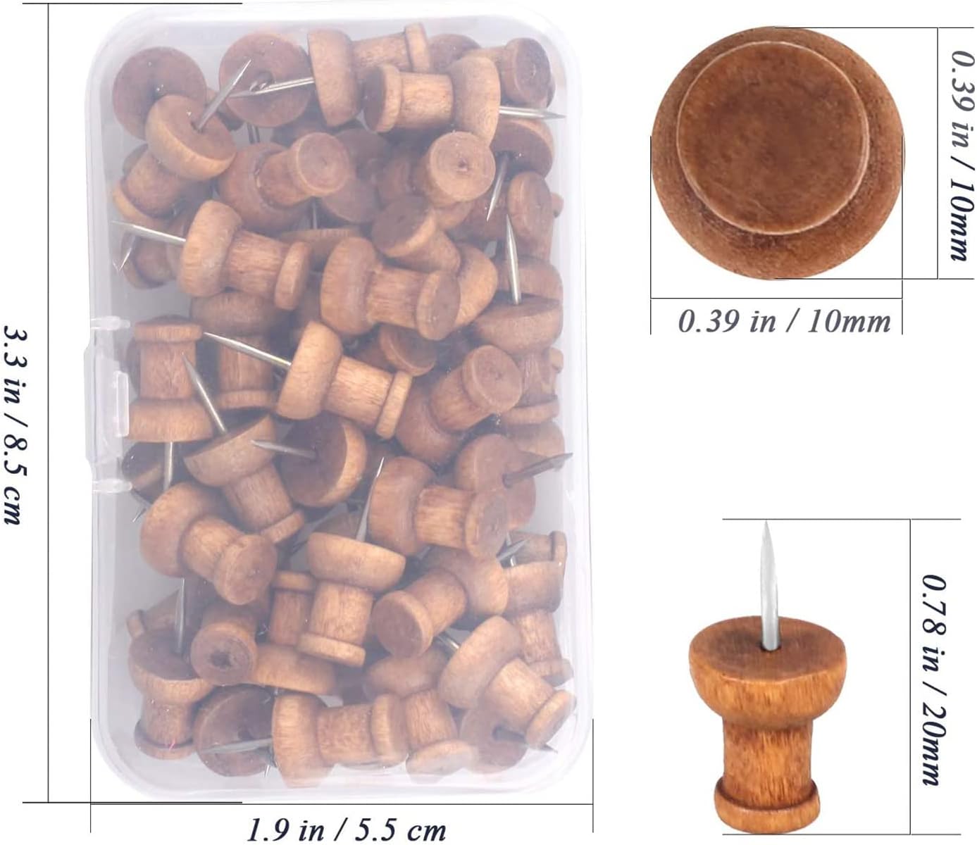 120pcs Wooden Thumbtacks, Walnut, Standard, Wood Thumbtacks Decorative Cork Board Map Photo Calendar and Home Office Craft Projects with Box