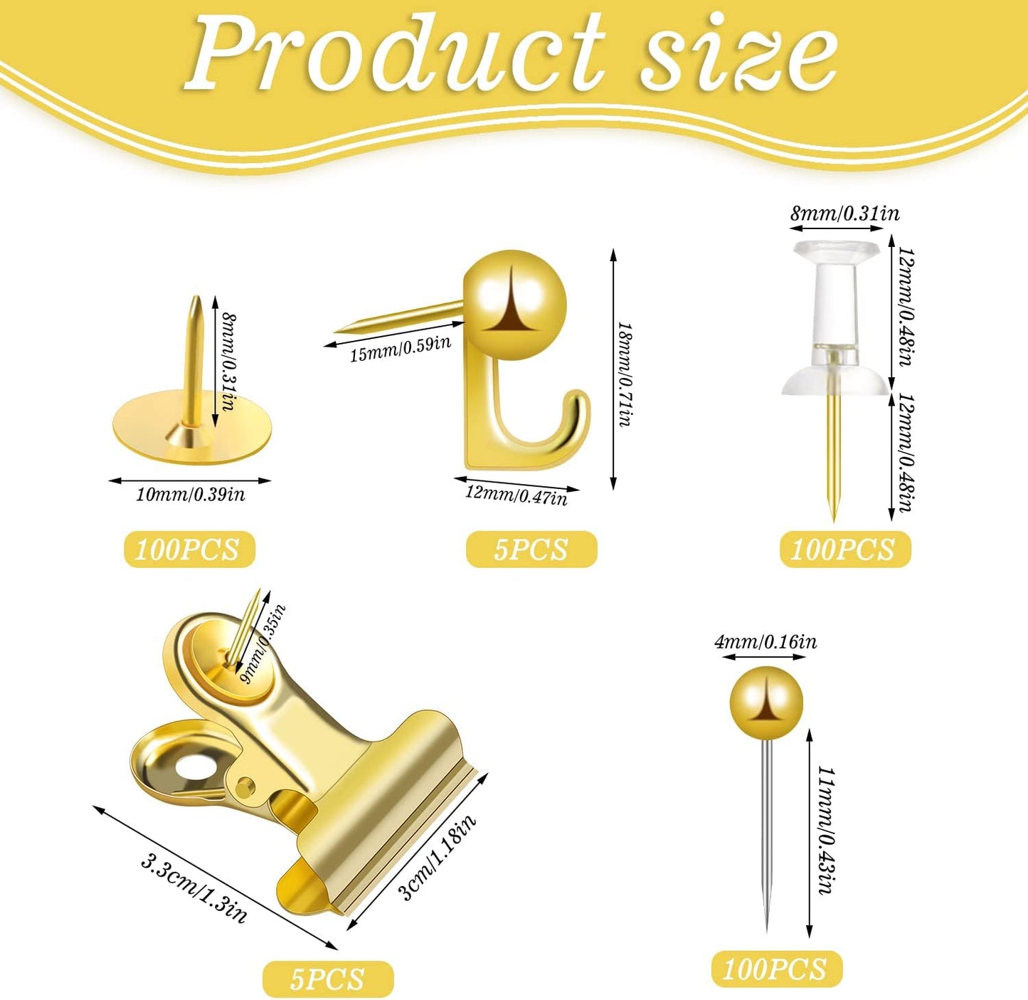 310 Pieces Gold Pushpin Set - Cork Board Decorative Pushpins with Pushpin Hooks and Pushpin Clips, 5 Styles Office Accessories