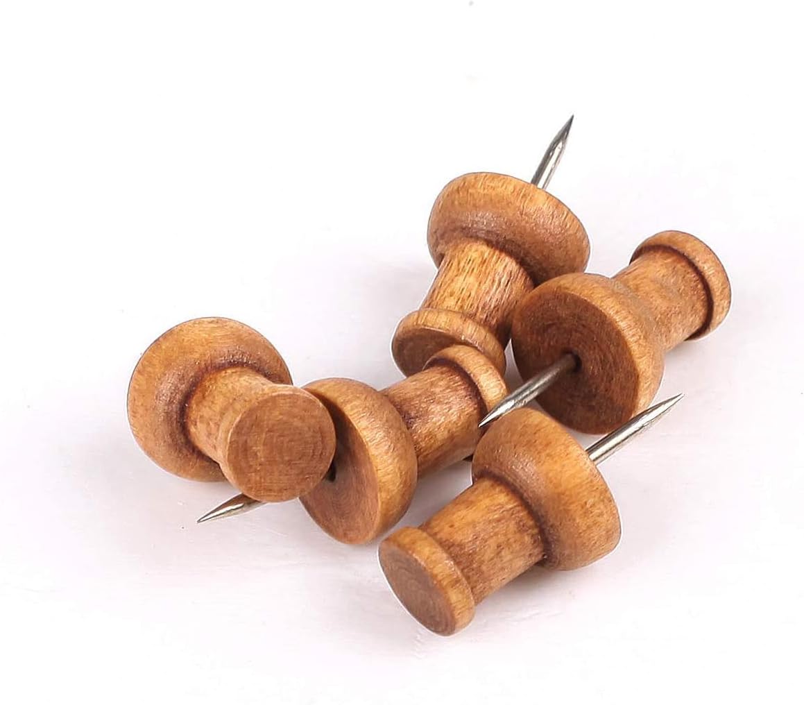 120pcs Wooden Thumbtacks, Walnut, Standard, Wood Thumbtacks Decorative Cork Board Map Photo Calendar and Home Office Craft Projects with Box