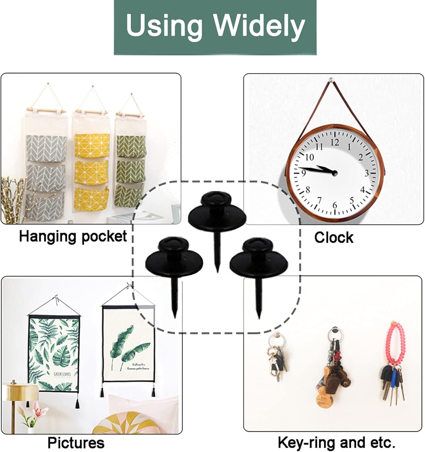 30pcs/s Thumbtack Picture Hooks, Double Headed Thumbtacks for Wall Hanging, Tenant Friendly Decorative Small Picture Frame Hooks for Drywall Cork Board Home Office Photo Decor (Black)