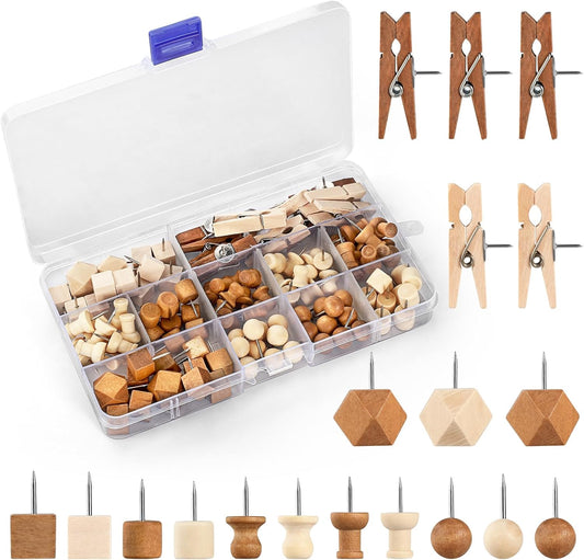114pcs Decorative Pushpins (7 Types and 2 Colors) Wooden Pushpins Cute Thumbtack Holders for Cork Board Bulletin Board Wall Compartment Crafts for Office Classroom Farmhouse with Storage Box