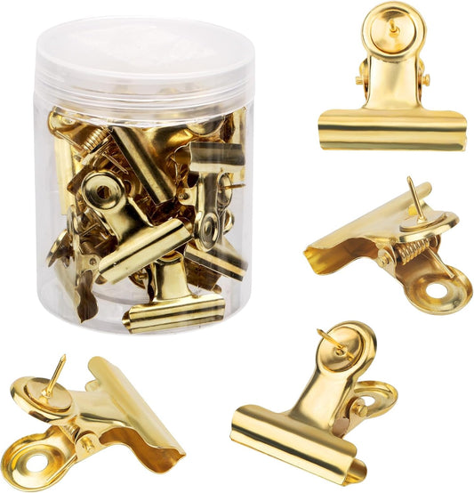 20pcs gold pushpin clips, thumbtack clips, bullhead clips with thumbtacks, metal pushpin clips, bulletin board cork board accessories for home office cubicle wall