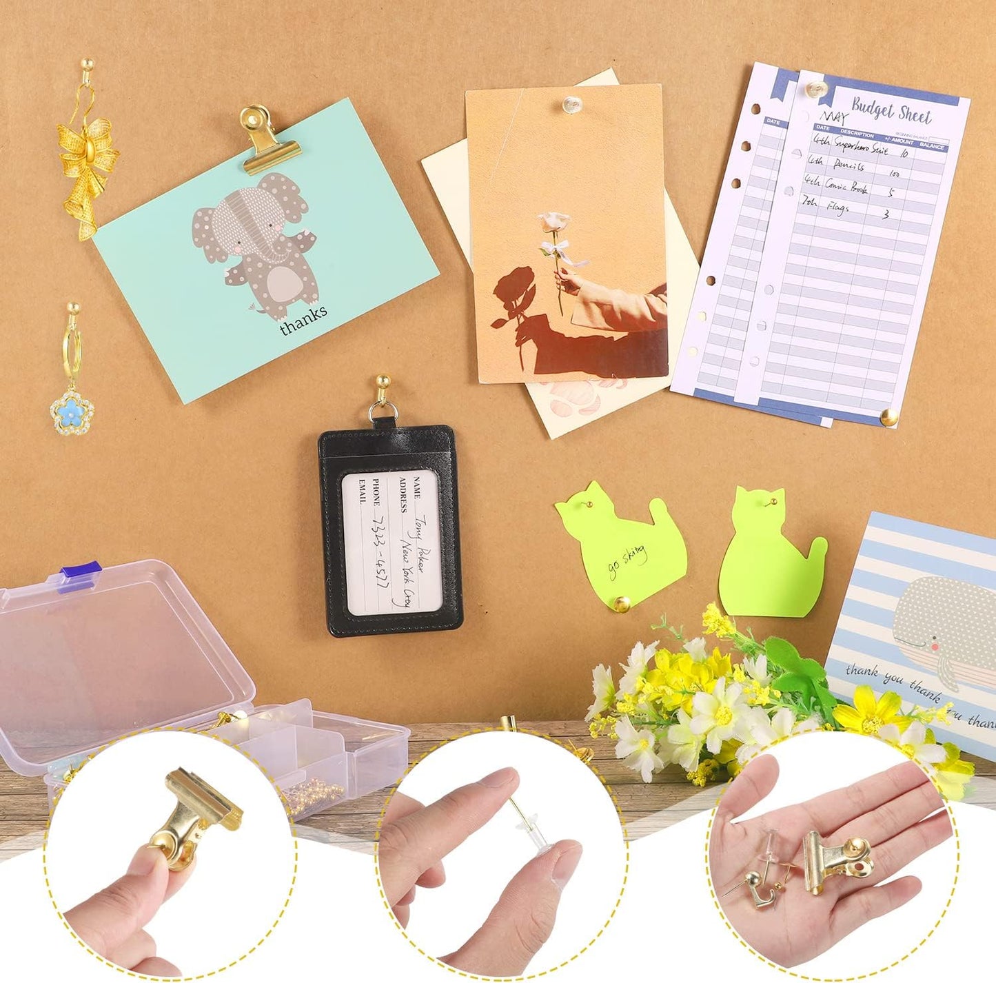 310 Pieces Gold Pushpin Set - Cork Board Decorative Pushpins with Pushpin Hooks and Pushpin Clips, 5 Styles Office Accessories