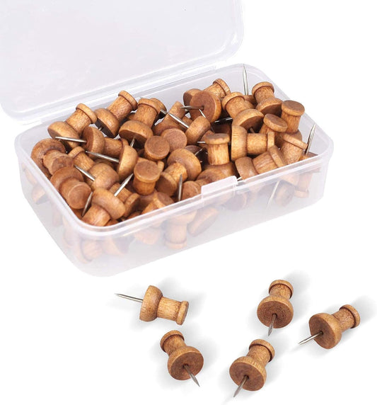 120pcs Wooden Thumbtacks, Walnut, Standard, Wood Thumbtacks Decorative Cork Board Map Photo Calendar and Home Office Craft Projects with Box