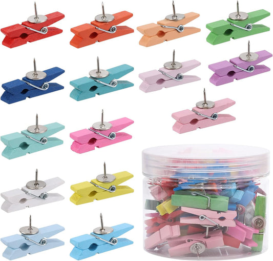 50pcs Wooden Clips Thumbtacks for Cork Board Artwork for Crafts Art Projects Photography Supplies (Colorful)
