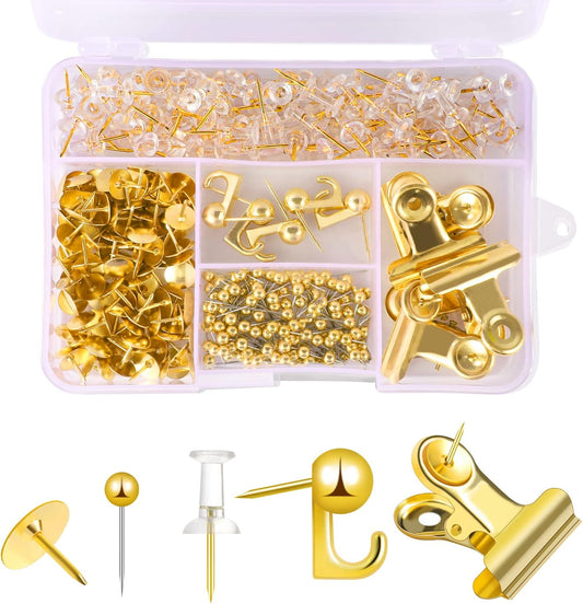310 Pieces Gold Pushpin Set - Cork Board Decorative Pushpins with Pushpin Hooks and Pushpin Clips, 5 Styles Office Accessories