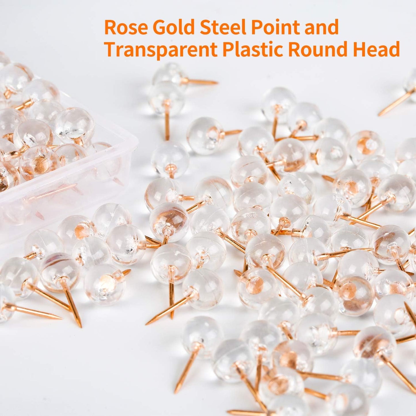 150-Pack Pushpins, Rose Gold Map Pins, Large Pushpins, Rose Gold Steel Tips and Clear Plastic Round Heads, Suitable for Bulletin Boards, Fabric Markers, Crafts and Office Organization