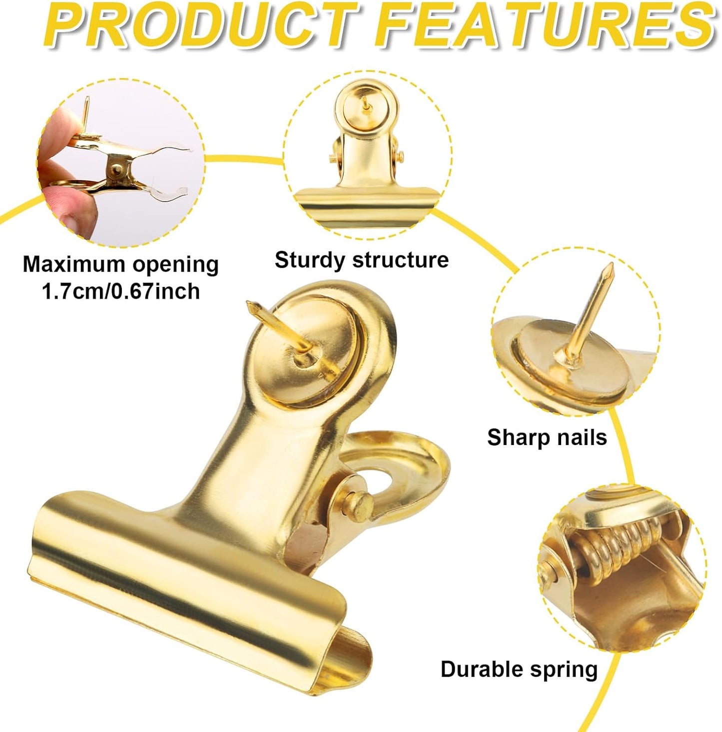 20pcs gold pushpin clips, thumbtack clips, bullhead clips with thumbtacks, metal pushpin clips, bulletin board cork board accessories for home office cubicle wall