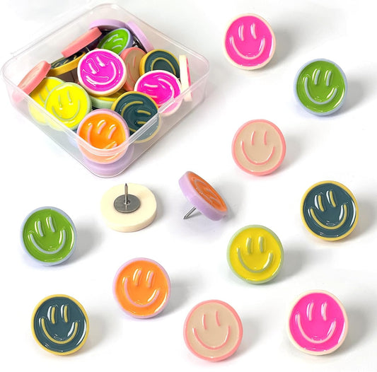 24 Smiley Face Decorative Pins, Cute Bulletin Board Pins, Cork Board Pins, Office Organization Pins or Home Decor Pins (24 Colors)