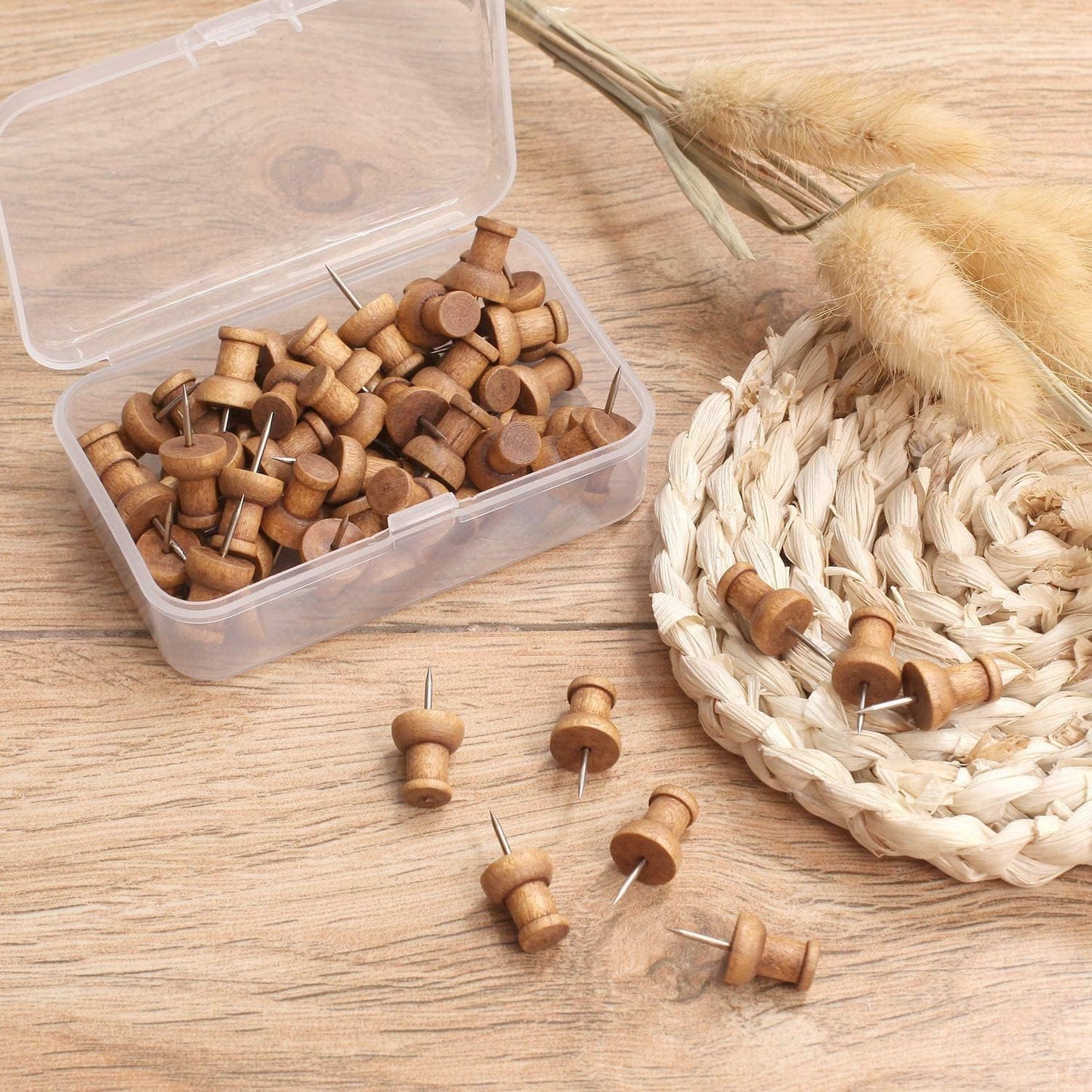 120pcs Wooden Thumbtacks, Walnut, Standard, Wood Thumbtacks Decorative Cork Board Map Photo Calendar and Home Office Craft Projects with Box