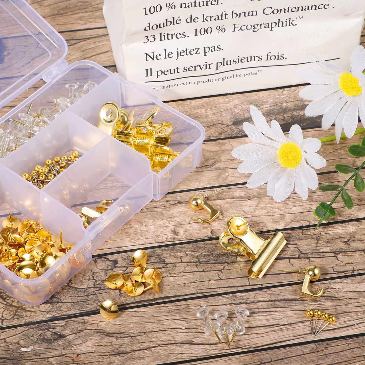 310 Pieces Gold Pushpin Set - Cork Board Decorative Pushpins with Pushpin Hooks and Pushpin Clips, 5 Styles Office Accessories